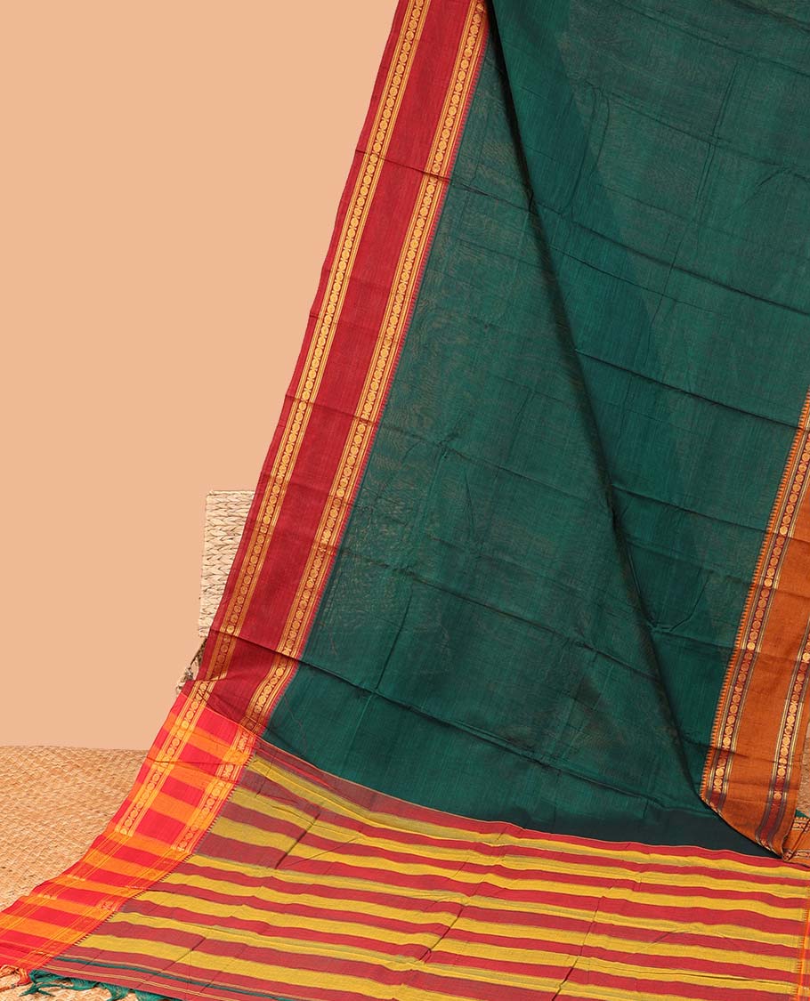 Green plain Narayanapet cotton saree, contrast traditional design ganga jamuna border & striped pallu
