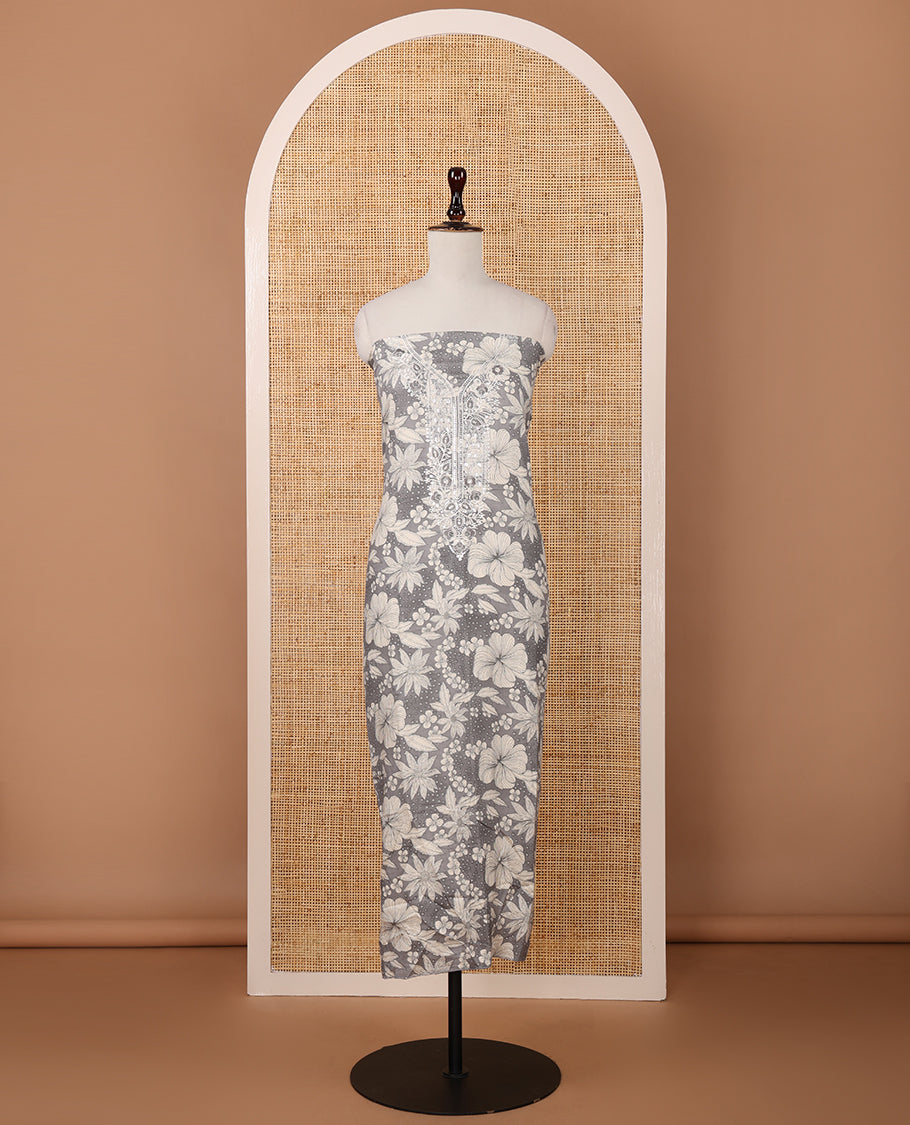 Grey cotton chudidar material set,floral print & neck sequin embroidery top,stripes printed bottom & floral printed dupatta