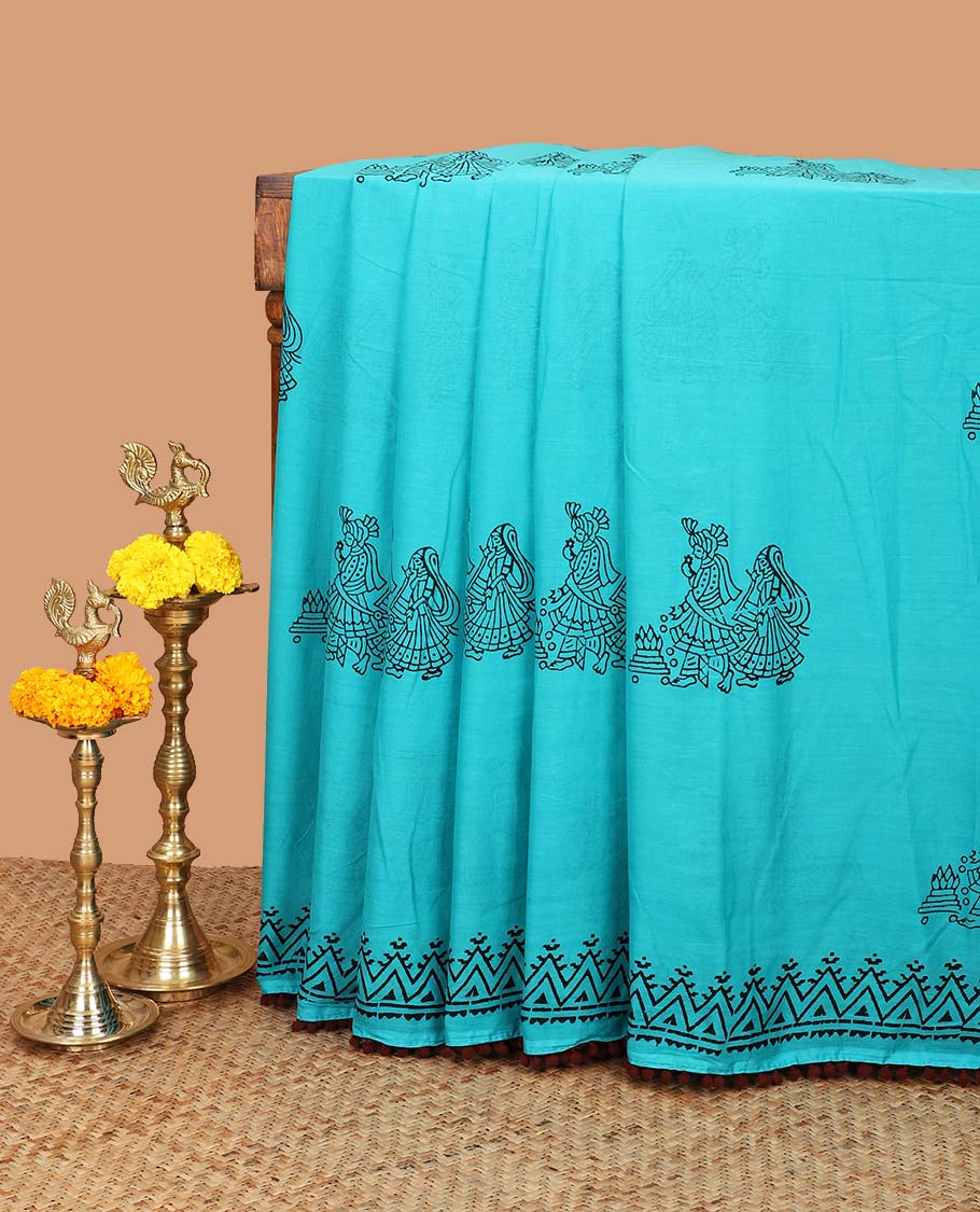 Blue block printed soft cotton saree with bom bom lace border & printed pallu along with plain blouse