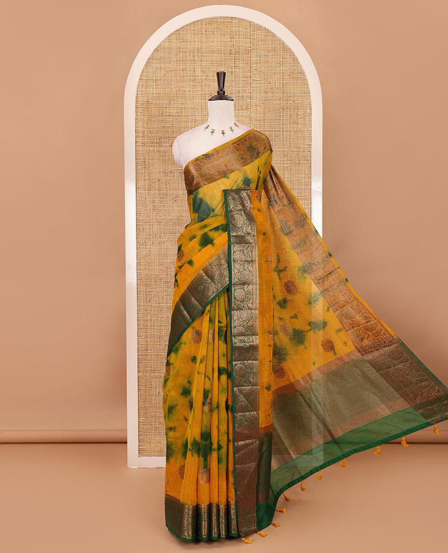 Yellow all over zari butta with shibori-style printed jute cotton saree, contrast zari border, zari line weaving pallu & contrast blouse