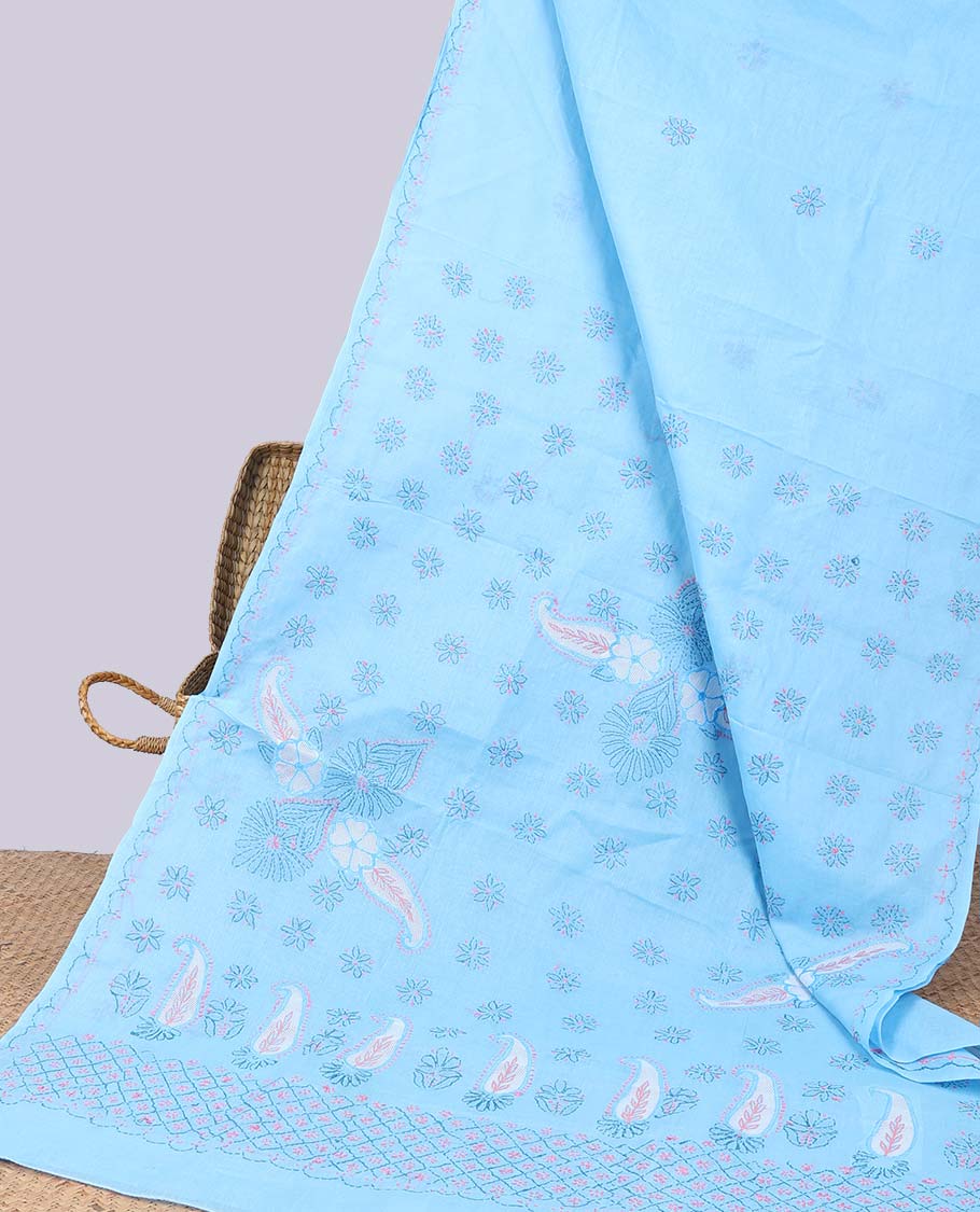 Blue floral embroidery lucknowi chikankari cotton saree,self scallop design border & pallu of floral, paisley embroidery