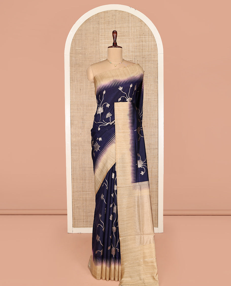 Blue Dupion Silk Saree, Artfully Detailed with Pichwai Lotus Vine, Complemented by Contrast Temple Border, Pallu of Pichwai Lotus Motifs, and a Contrast Blouse