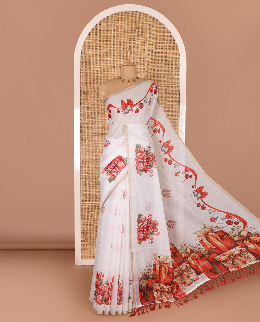 White Christmas ornaments digital printed Chanderi saree, piping border, Chirstmas theme printed pallu, and Christmas ornaments printed blouse