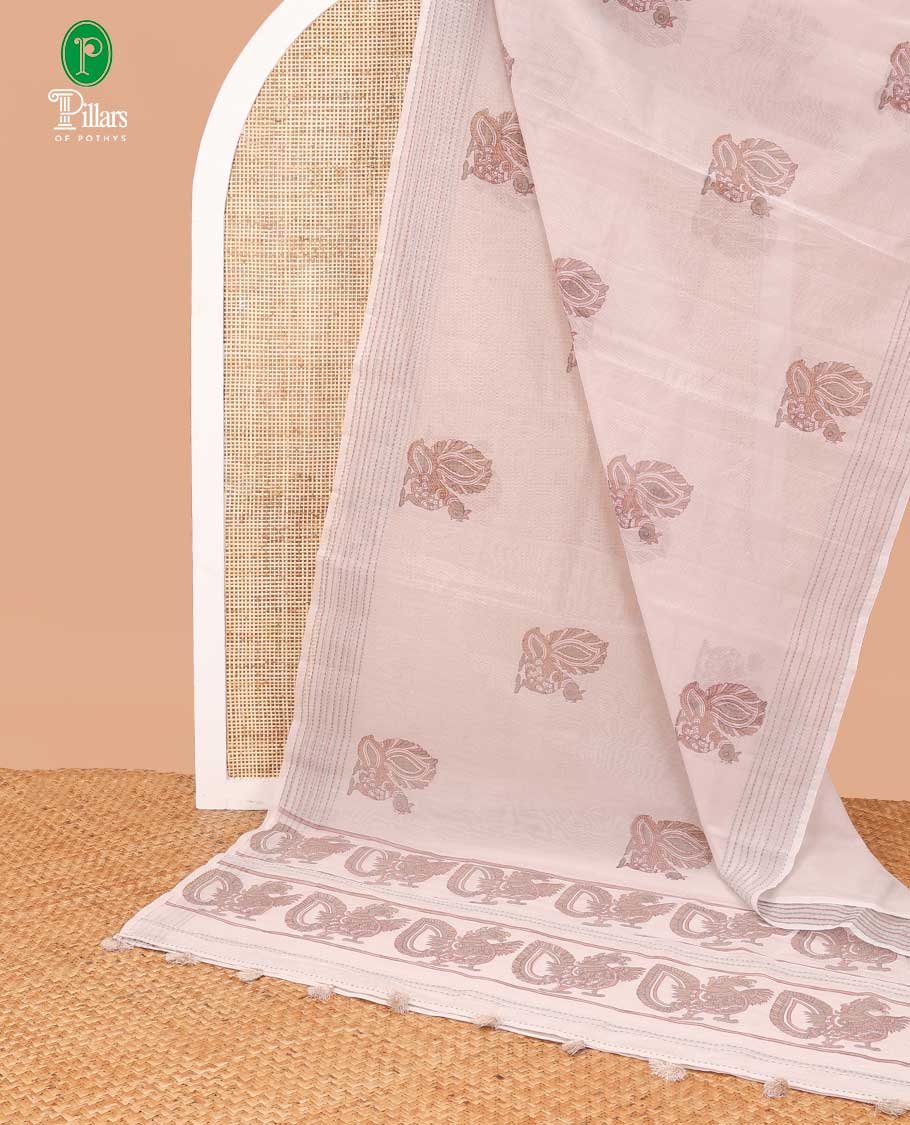 Light grey block print super net saree with kantha border & kantha work, block print pallu along with kantha work blouse