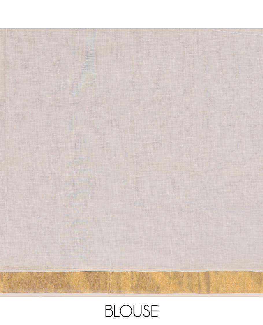 Cream kerala saree with zari stripes, plain border & pallu of floral & peacock designs