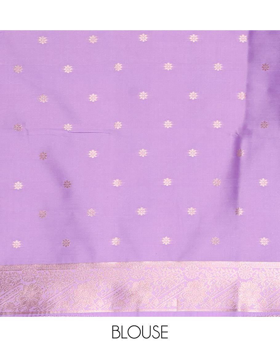 Lavender rose copper zari buttas elite soft silk saree,traditional zari border, intricately woven pallu & flower zari butta blouse