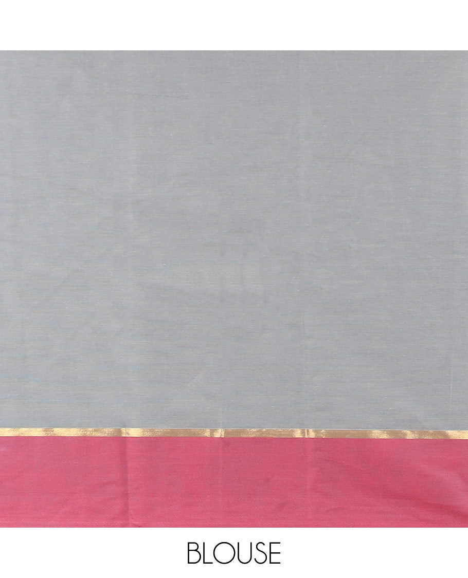 Grey floral motifs kanchi cotton saree with contrast paisley design border & floral design pallu