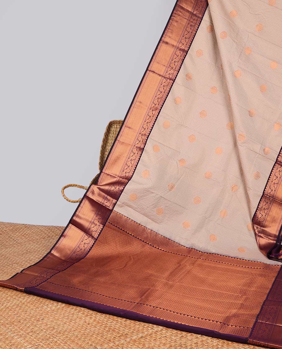 Grey checked, floral design gift saree with contrast zari design border & intricate zari design pallu