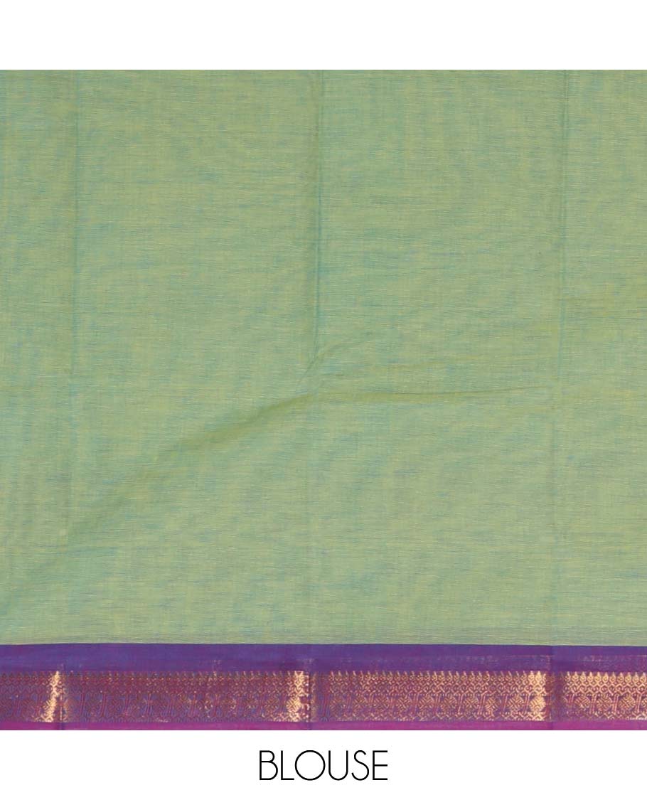 Green plain Chettinadu cotton saree,contrast rettai rettu traditional zari border,lining seer pallu & matching plain blouse