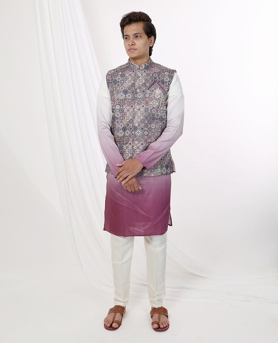 multi-color ajrakh style design mandarin collar & full-sleeve long raw silk over coat
