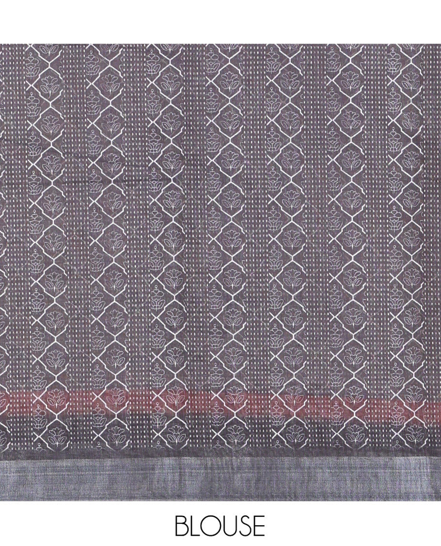 Cream Linen Cotton Saree Artfully Printed with Fish Motifs, a Contrast Border, a Fish-Printed Pallu, and a Contrast Blouse
