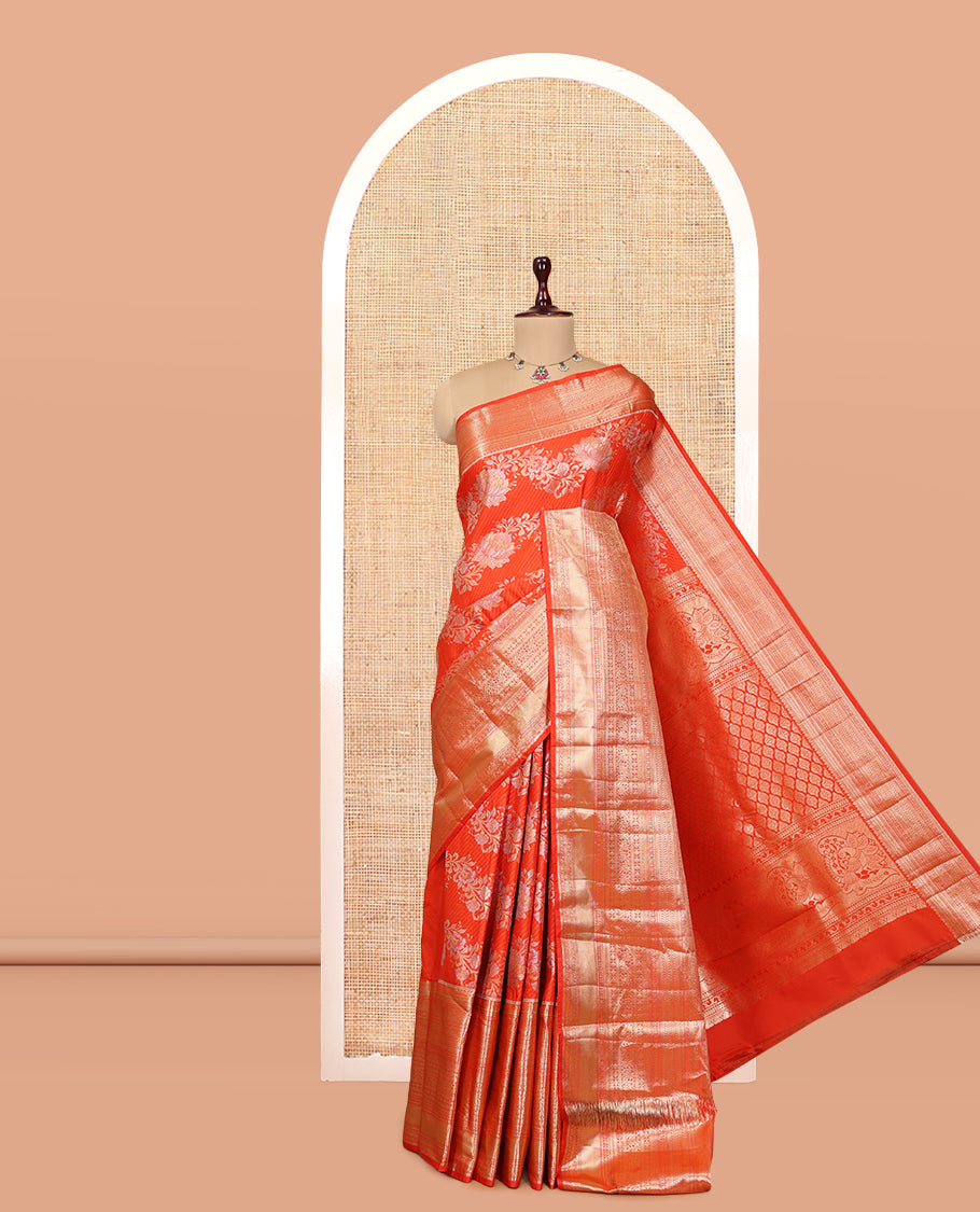 Orange Floral Jacquard Budget Silk Saree, a Traditional Zari Border, Jaal Pallu, and Matching Blouse