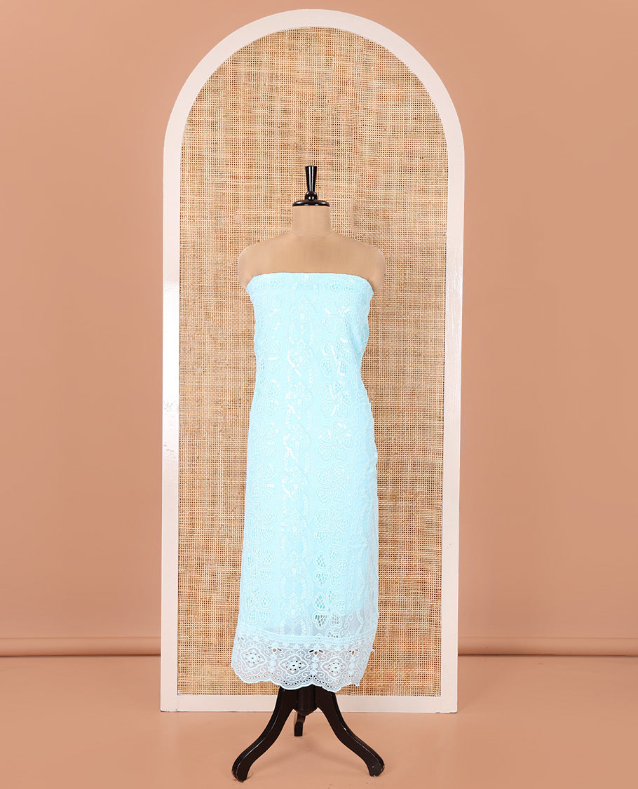 Sea Green Georgette Material Chudidar Set, Adorned with Cut Work and Sequins Embroidered Top, a Plain American Crepe Bottom, and Comes with a Embroidered Georgette Scallop Dupatta