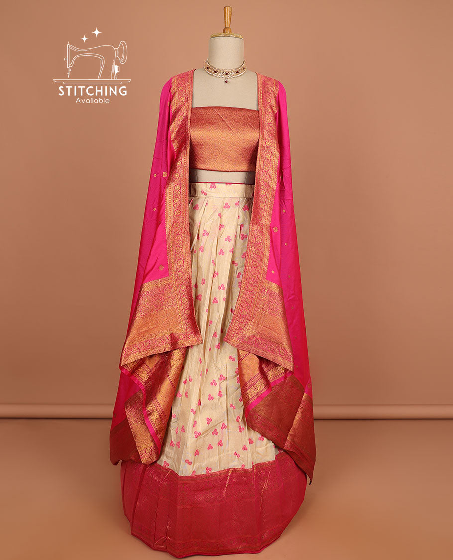 Cream floral buttas half saree with contrast zari border, zari design blouse & pink floral zari design dhavani
