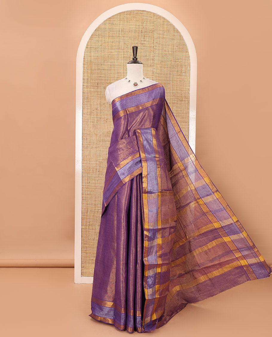 Purple gold zari tissue-style sungudi cotton saree, silver-lined border, silver-lined pallu & matching striped purple blouse