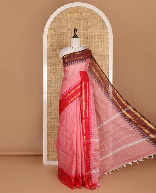 Candy pink plain Chettinad cotton saree, contrast zari rettai pettu temple border of rudraksham motifs, striped pallu and plain blouse