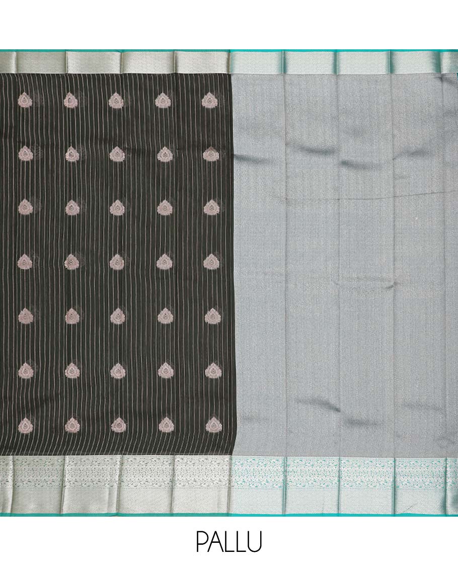 Black striped, floral motifs kora cotton saree with contrast zari design border & intricate zari design pallu