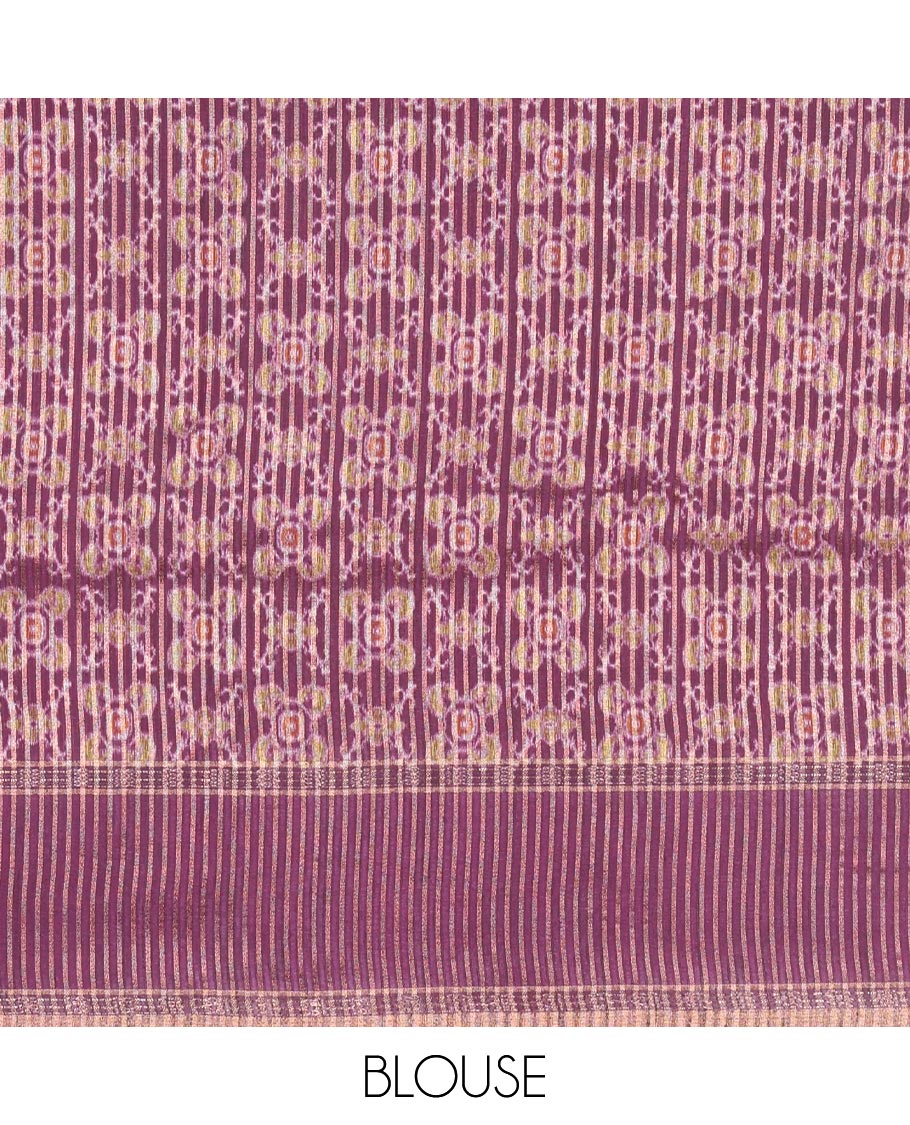 Olive Green Plain Semi-Tussar Silk Saree, Complemented by a Contrast Geometric Design Border, Subtly Zari Striped Pallu, and Paired with a Contrast Patola Printed Blouse