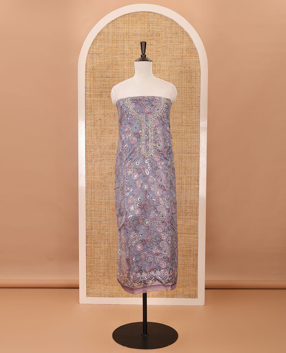 Light lavender material chudidar set, floral printed & outline mixed embroidery organza top,plain bottom & floral vine sequins embroidery dupatta
