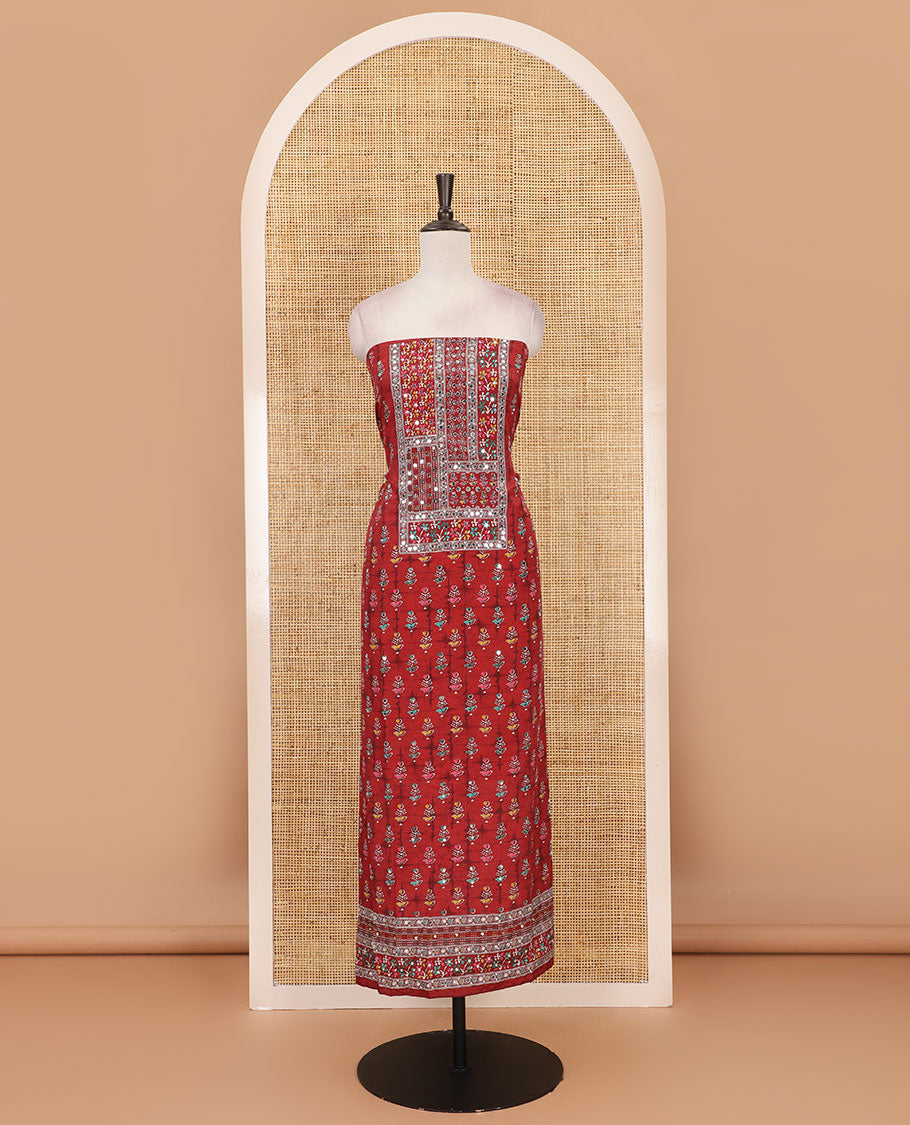 Maroon material chudidar set, floral-theme batik printed with mirror embroidered crepe top, santoon bottom, and Chinon dupatta of print, and mirror embroidery
