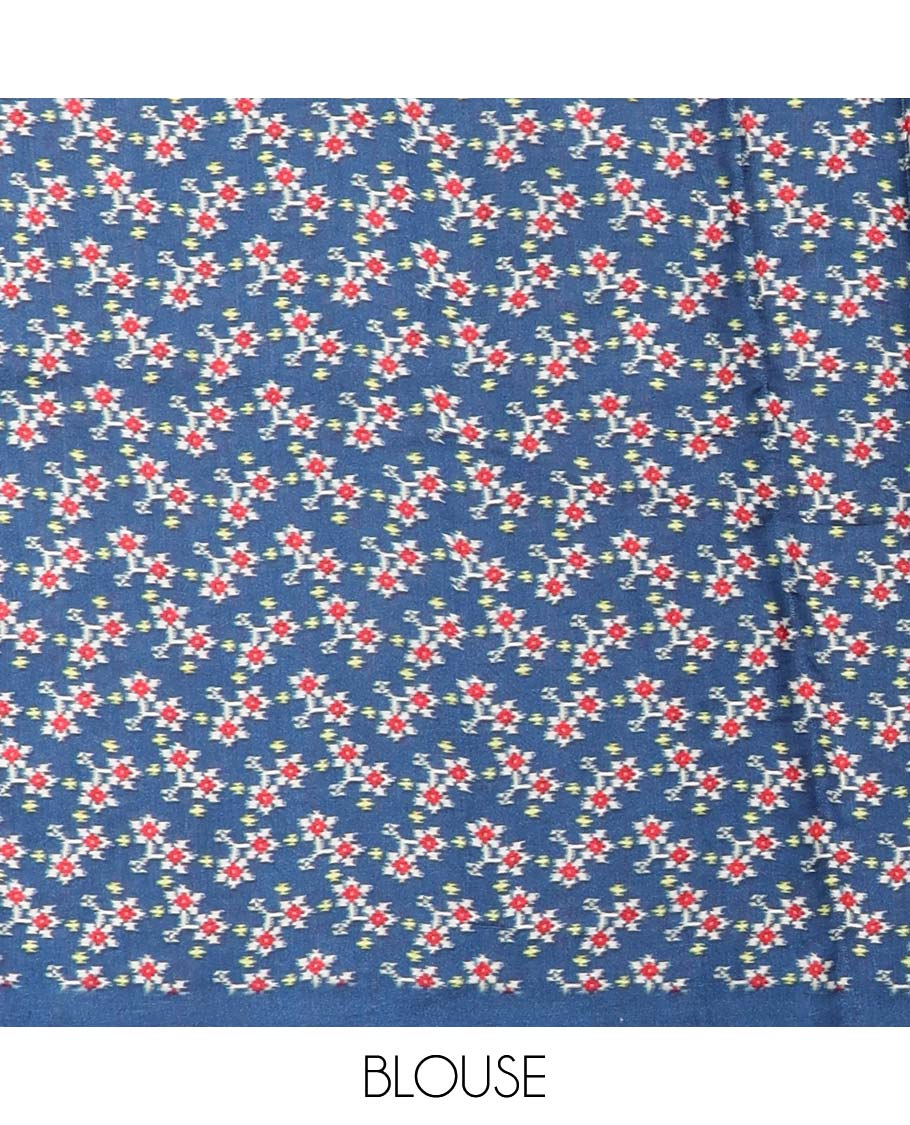 Multi-colored geometric design semi-banaras printed saree with contrast plain border & intricate design pallu