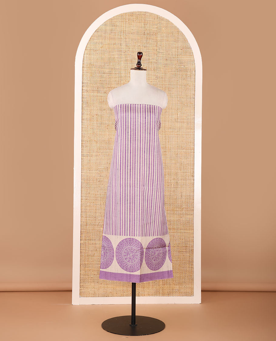 Purple semi-tussar material chudidar set, stripes & bandhani-style dotted motifs printed top & dupatta with heathered bottom