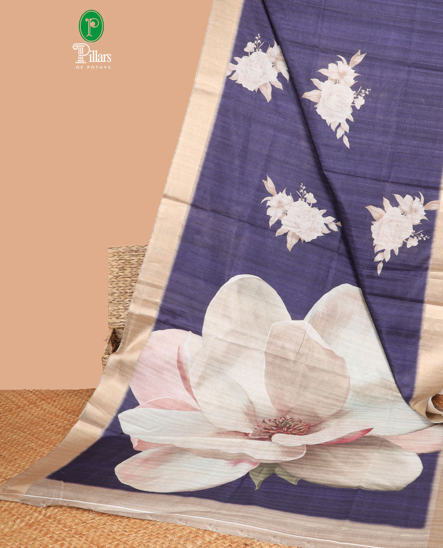 Navy blue digital floral print semi tussar Saree with bawanchi zari border & floral printed pallu , contrast printed blouse