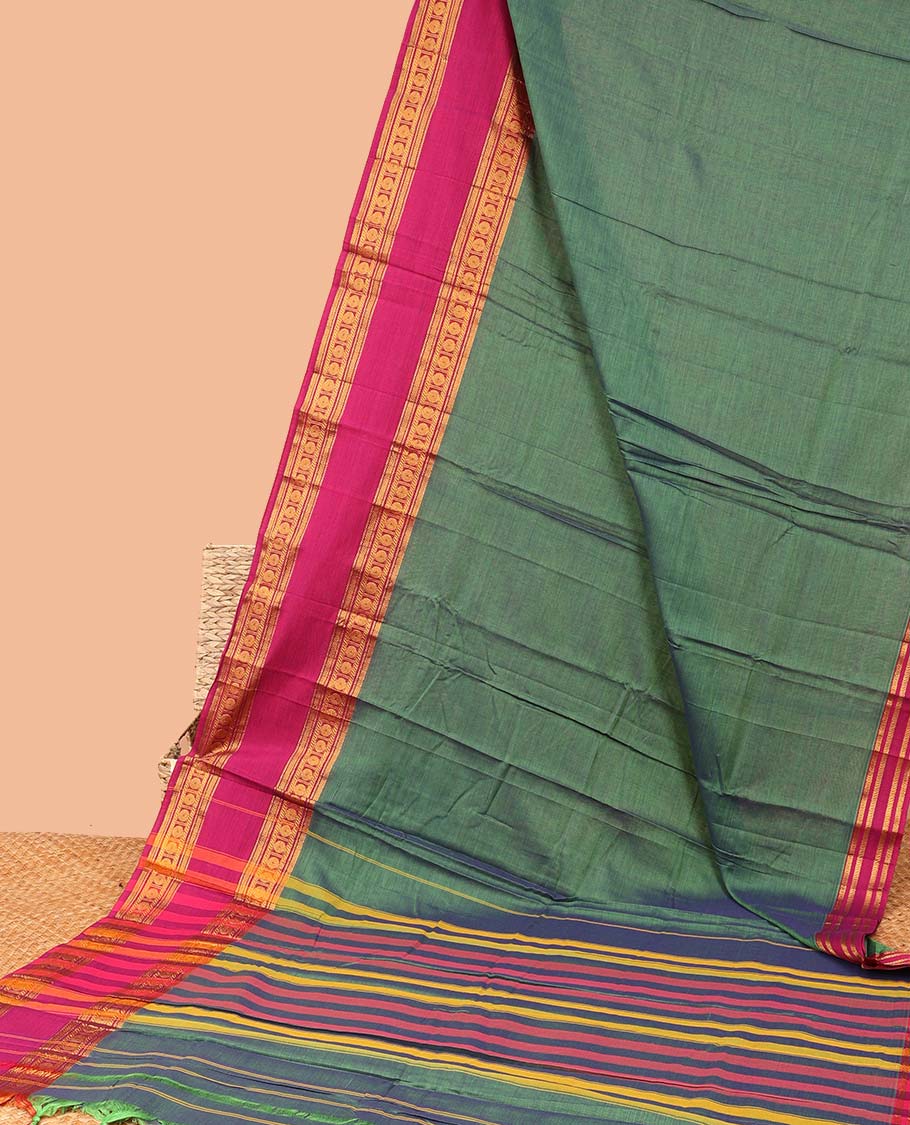 Green plain Narayanapet cotton saree, contrast traditional design border & striped pallu