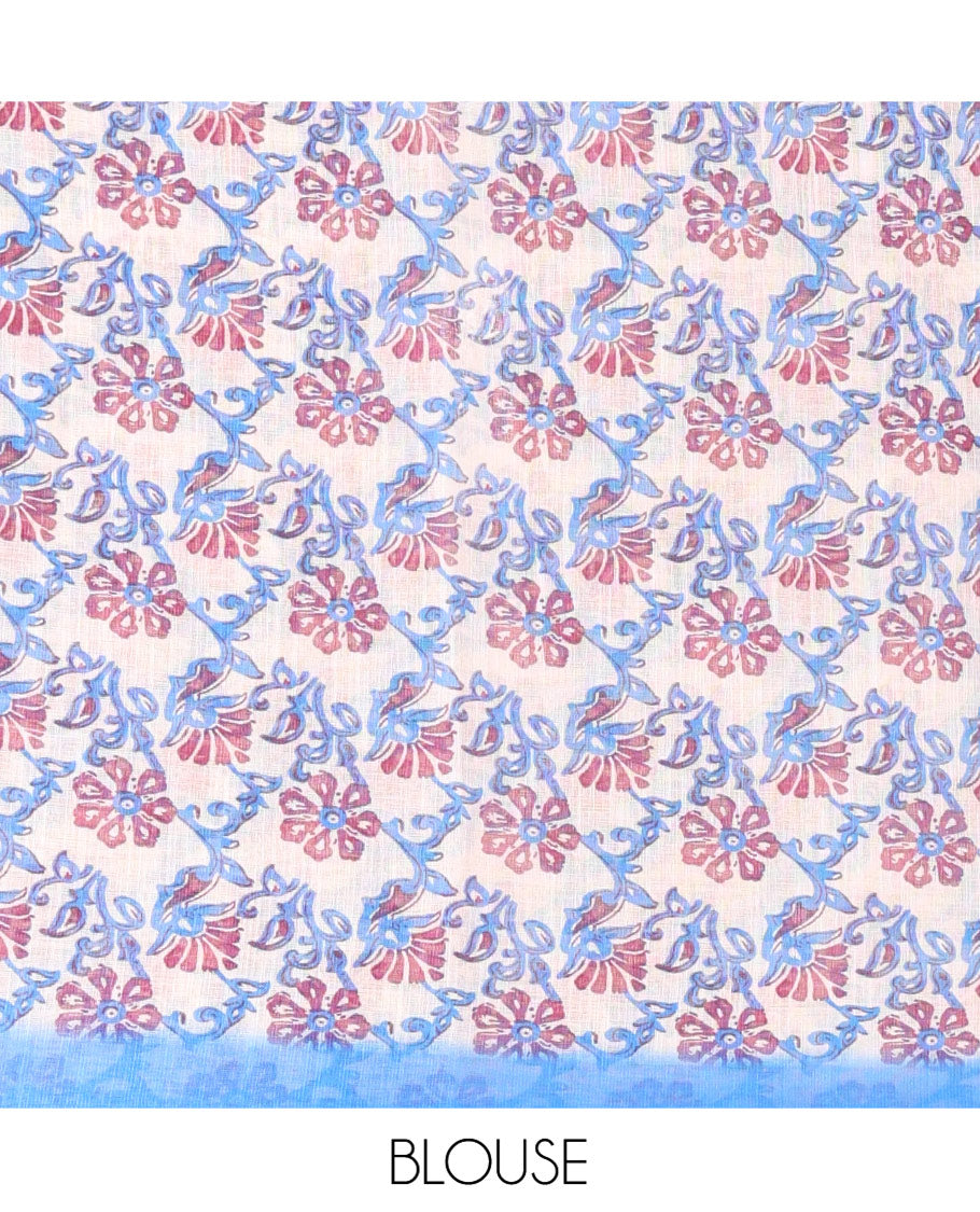 Royal Blue Linen Cotton Saree, Bedecked with Shibori Printed on Its Body, Subtle Piping Border, Pallu of Floral Vine Print, and Paired with a Contrast Floral Vine Printed Blouse