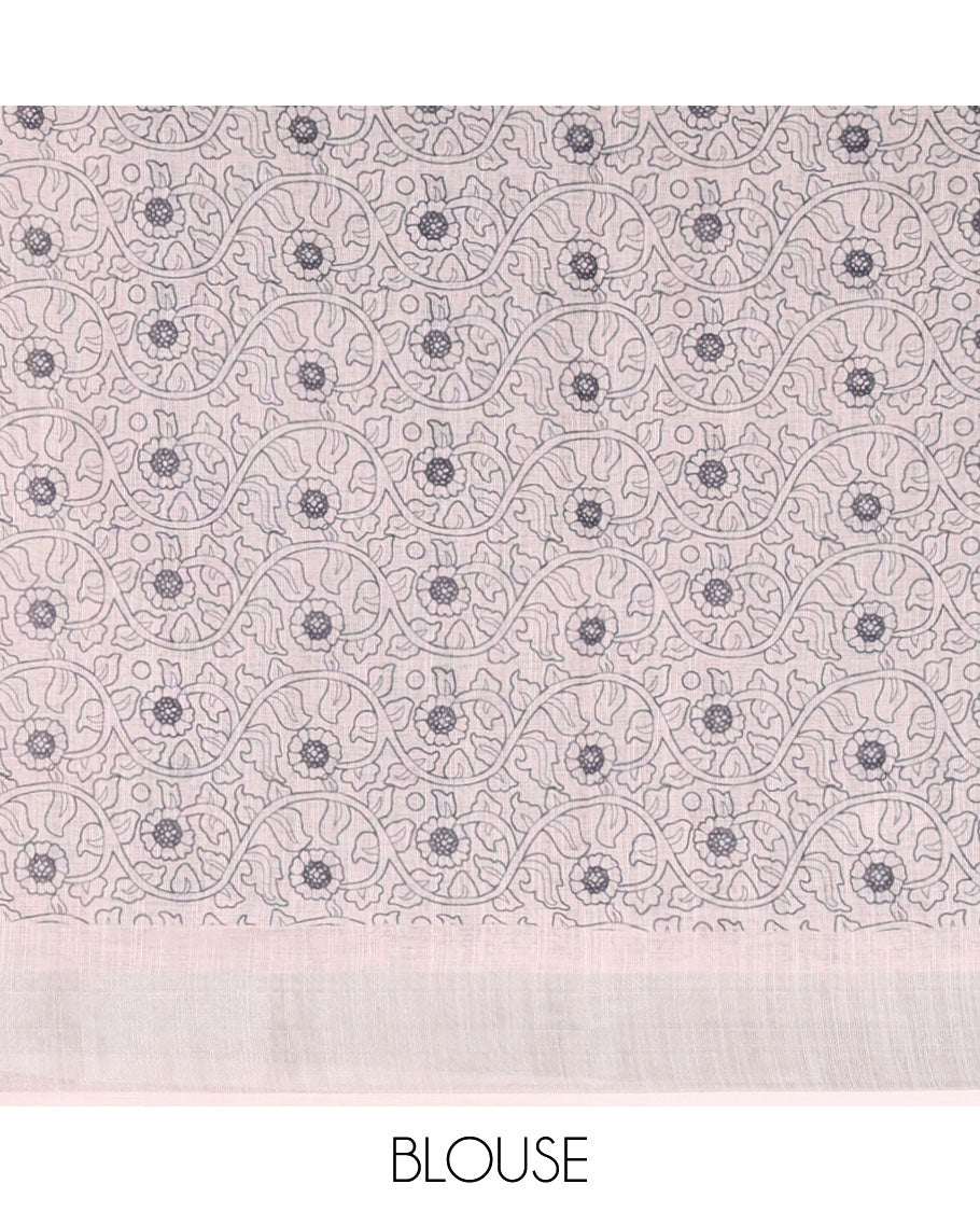 Black half-and-half kalamkari-style human figurines printed linen cotton saree, contrast bavanji border & peacock pallu