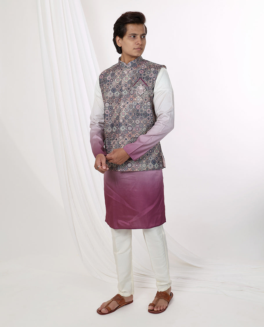 multi-color ajrakh style design mandarin collar & full-sleeve long raw silk over coat