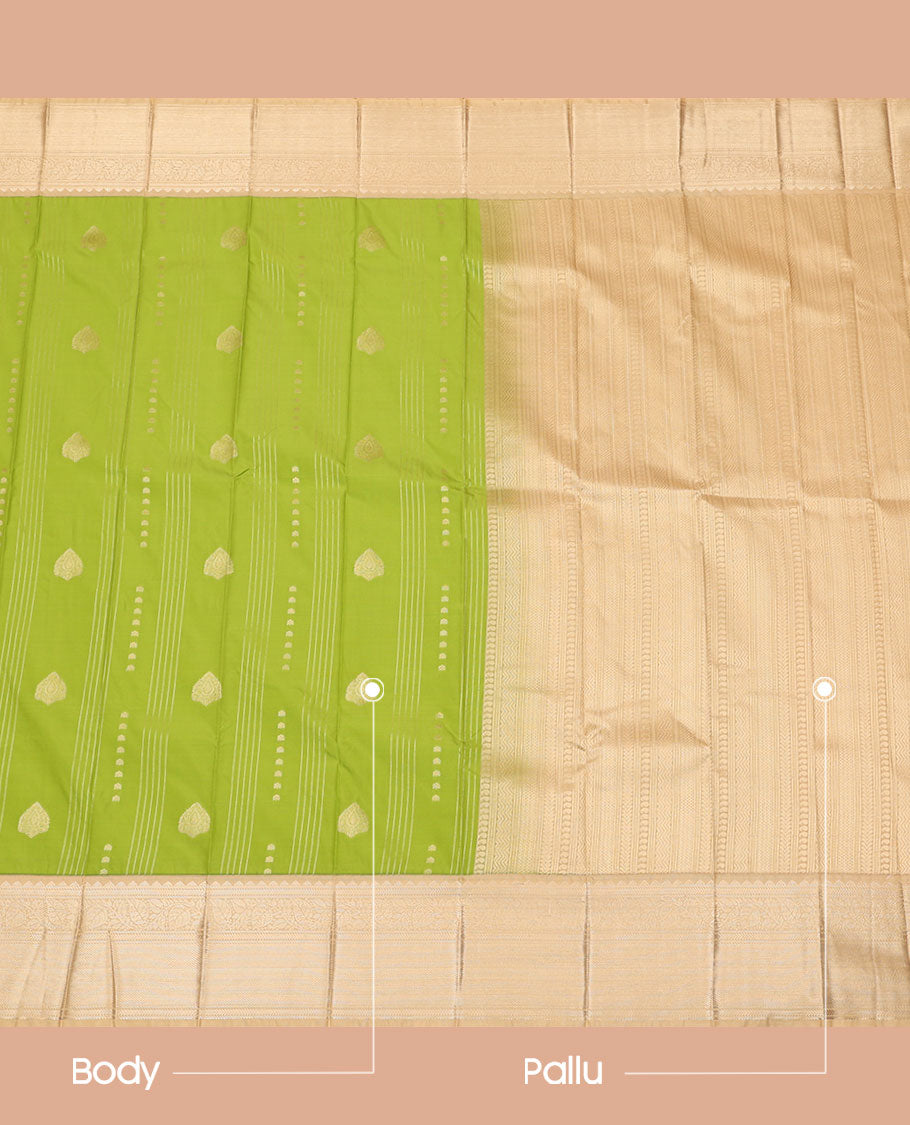 Green Budget Silk Saree, Spotlighted with Zari Buttas and Zari Stripes All Over Its Body, Complemented by a Contrast Traditional Zari Design Woven Border, Geometric Patterned Pallu, and Paired with a Contrast Blouse