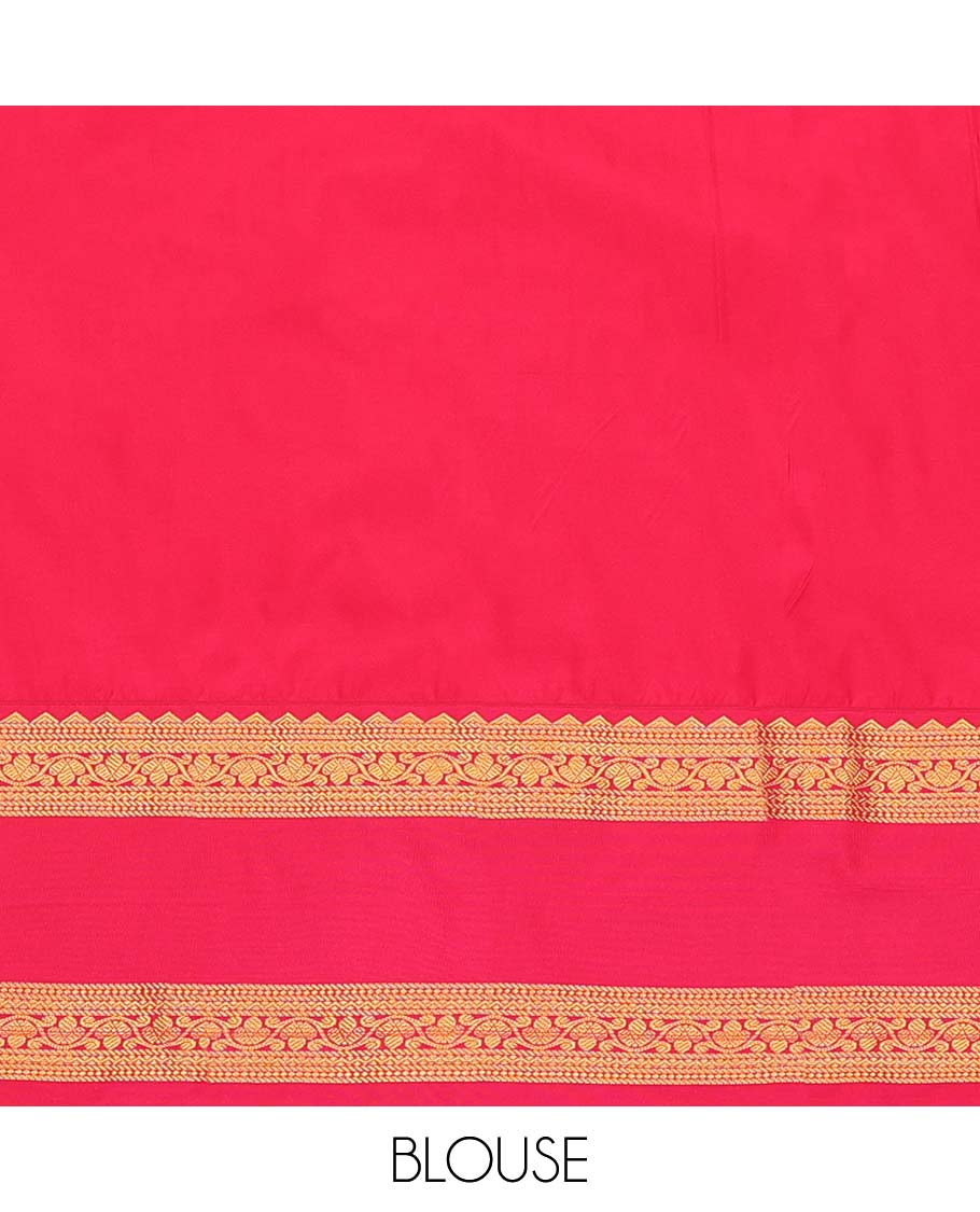 Green Budget Silk Saree, Subtly Enriched with Zari Buttas All Over Its Body, Complemented by a Contrast Traditional Zari Design Rettai Pettu Border, Grand Jaal Pallu, and Paired with a Contrast Blouse