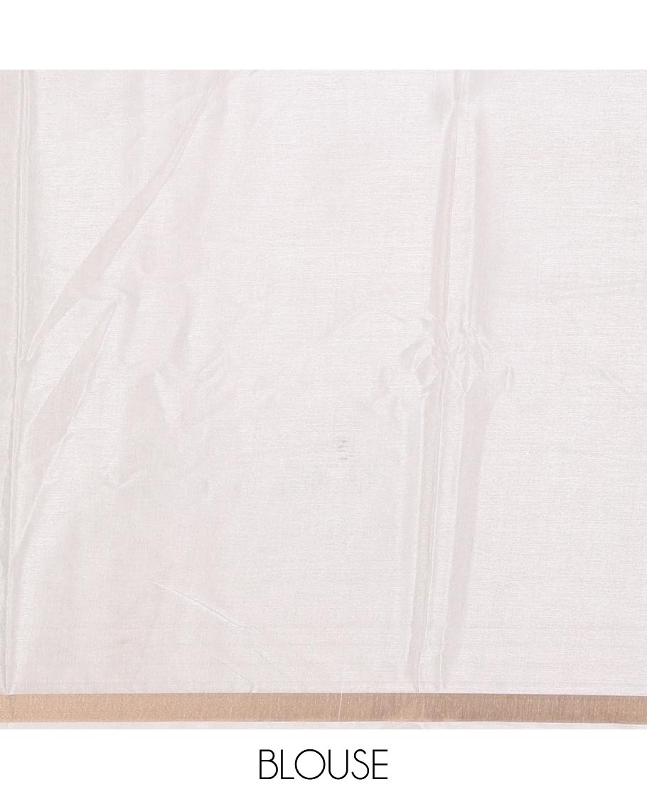 Half-white Kerala-culture theme printed Kerala cotton saree, zari border, pallu of stripes, and a matching blouse