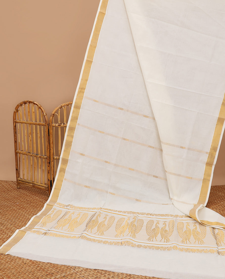 Cream kerala saree with zari stripes, plain border & pallu of floral & peacock designs
