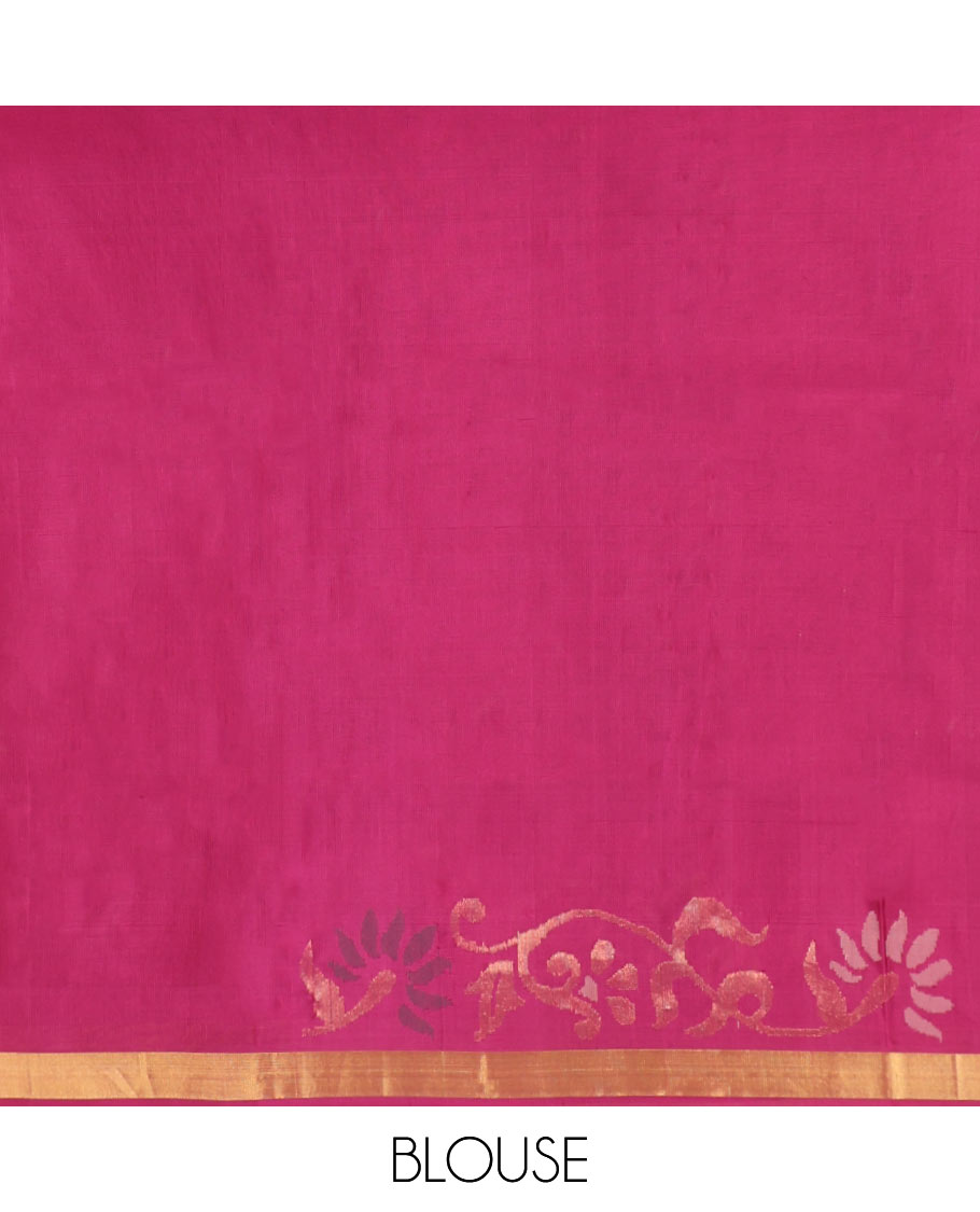 Maroon Uppada Silk Saree, Steeped with Buttas and Jamdani-Style Floral Designs All Over Its Body, Subtle Bavanji Border, Pallu of Jamdani Floral Designs, and Paired with a Matching Blouse