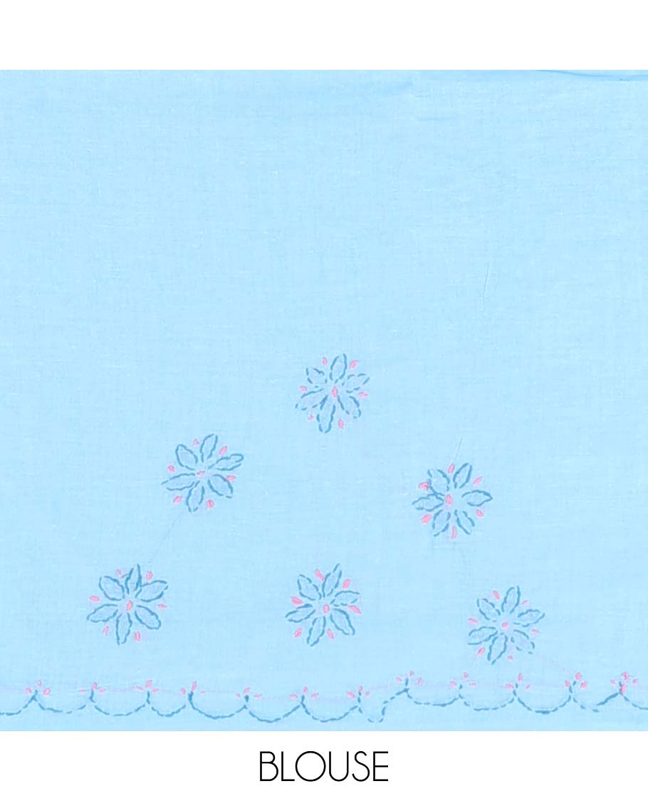 Blue floral embroidery lucknowi chikankari cotton saree,self scallop design border & pallu of floral, paisley embroidery