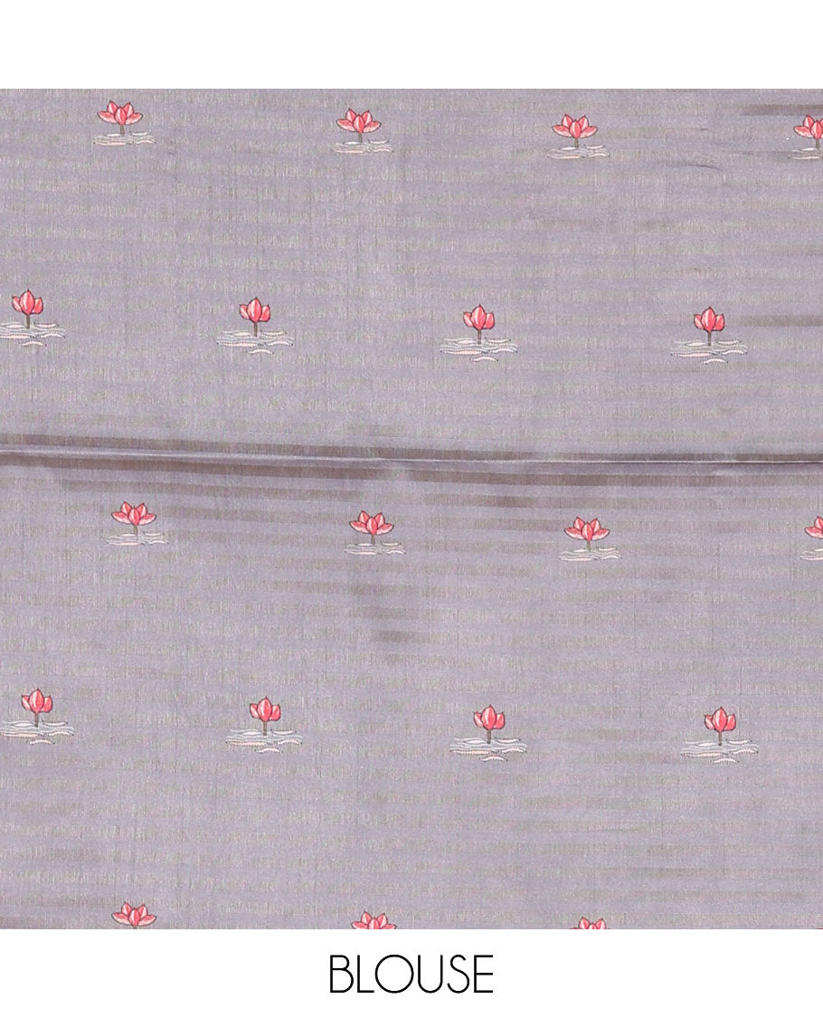 Borderless grey checked & lotus motifs kantha work-style printed fancy tussar saree, painting-style scenery printed pallu & lotus motifs printed blouse