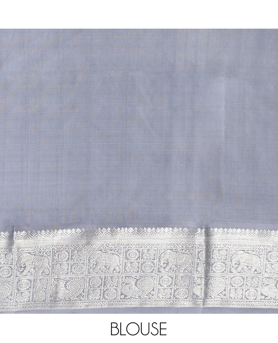 Blue Venkatagiri Silk Saree, Woven with Zari Buttas All Over Its Body, Complemented by a Contrast Traditional Zari Border of Peacock, Elephant, and Chakram Designs, Jaal Design Pallu, and Paired with a Contrast Blouse