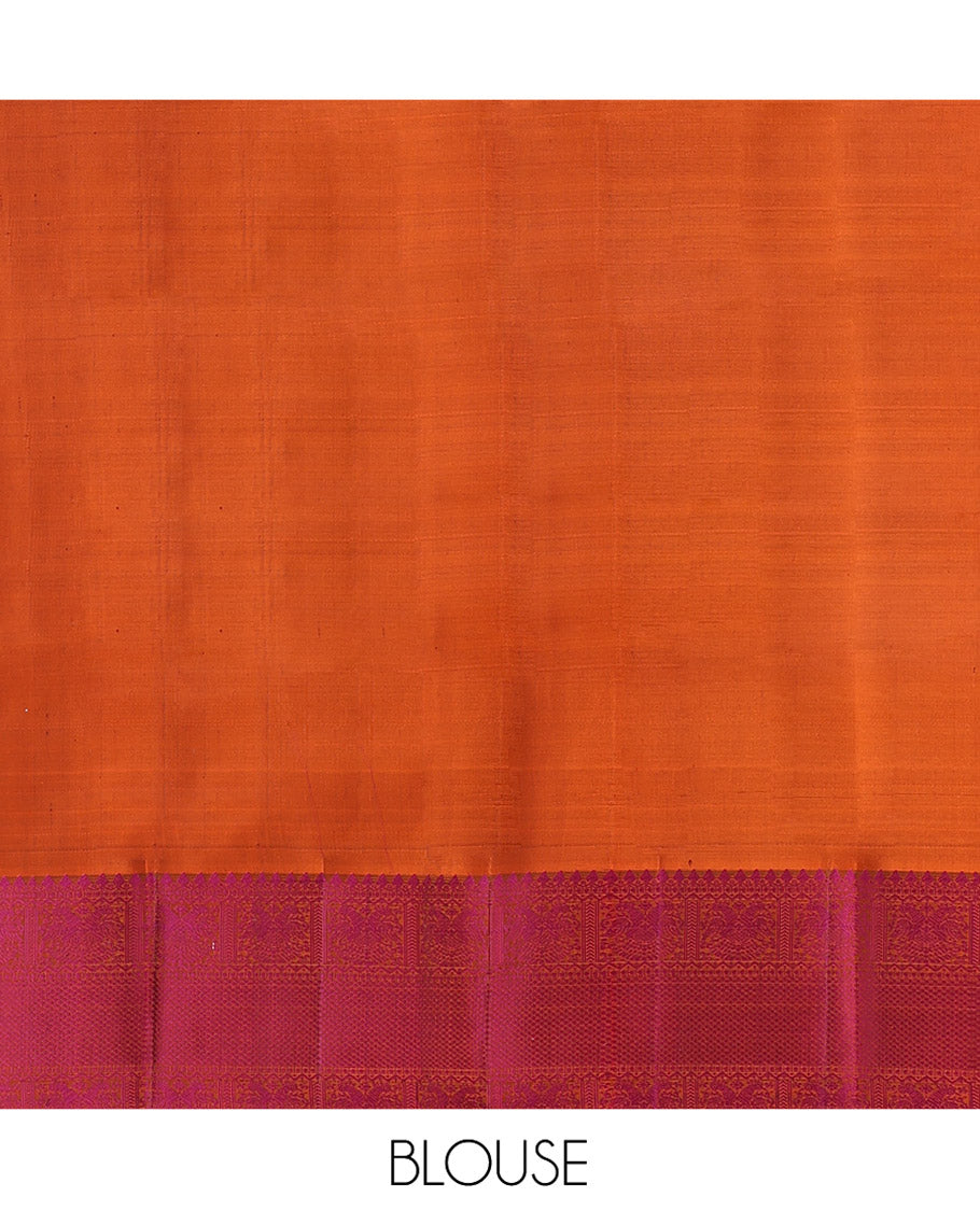 Black Kanchipuram Silk Saree, Masterfully Woven with Mayil-Chakram Buttas All Over Its Body, Complemented by a Contrast Border of Thilakam Mokku, Iruthalai Pakshi, and Kuyil Kann Designs, and Pallu of Jaal Designs, and Paired with a Contrast Blouse