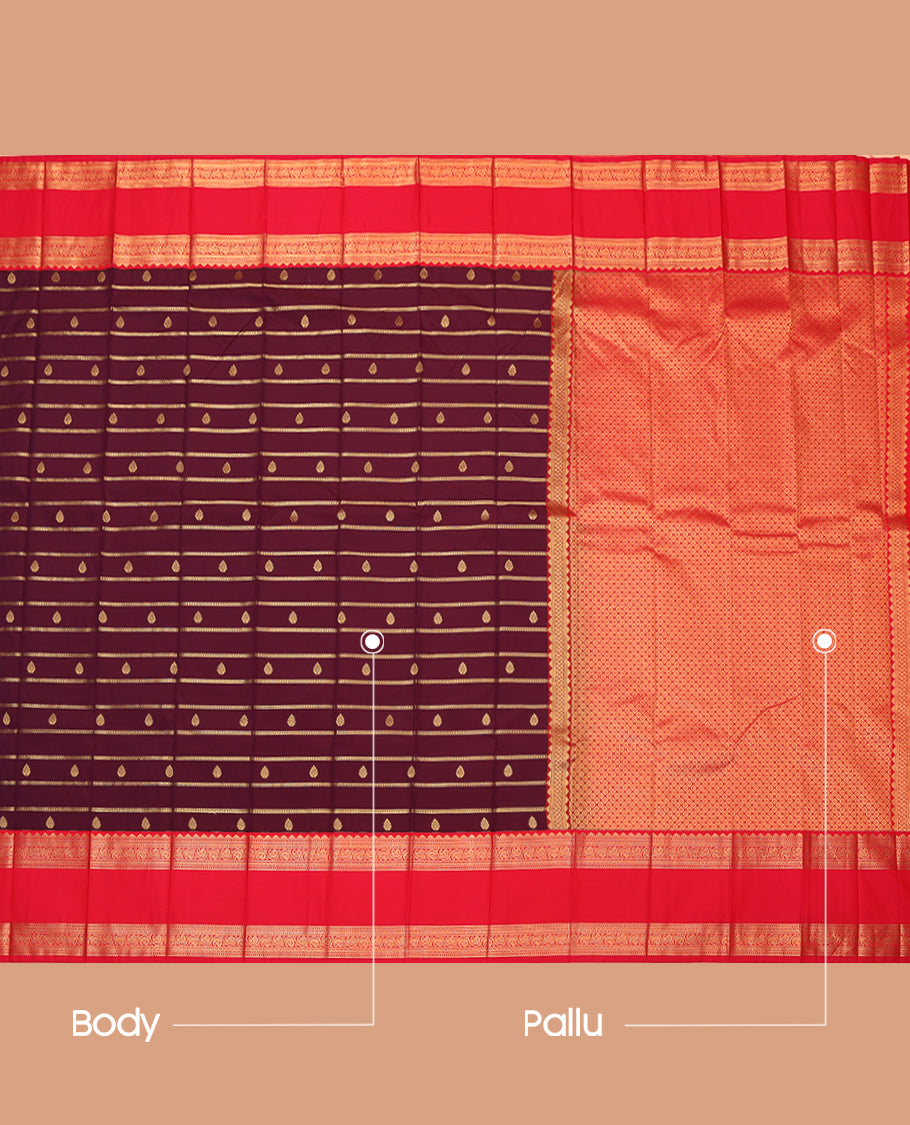Maroon Budget Silk Saree, Enthralled with Zari Buttas and Stripes, Complemented by a Contrast Traditional Rettai Pettu Zari Border, Grand Jaal Pallu, and Contrast Blouse