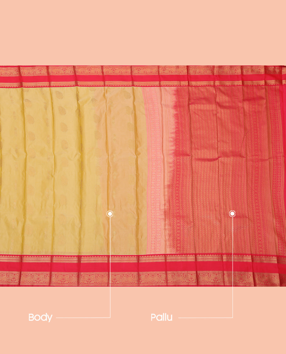Yellow Budget Silk Saree, Sparsely Woven with Zari Buttas, a Contrast Traditional Rettai Pettu Border, Intricate Pallu, and a Contrast Blouse