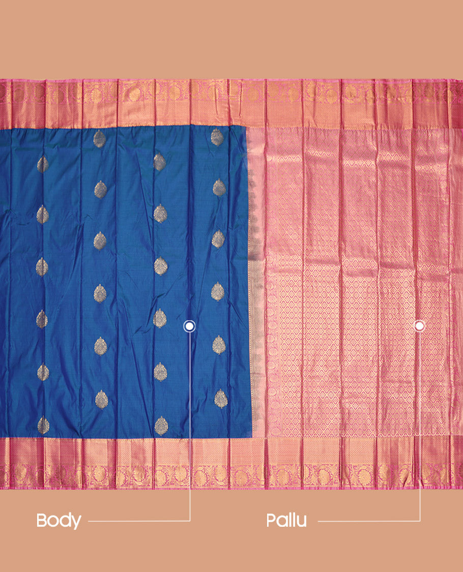 Blue Budget Silk Saree Features Zari Buttas, Contrast Traditional Zari Border, Jaal Pallu, and a Contrast Blouse
