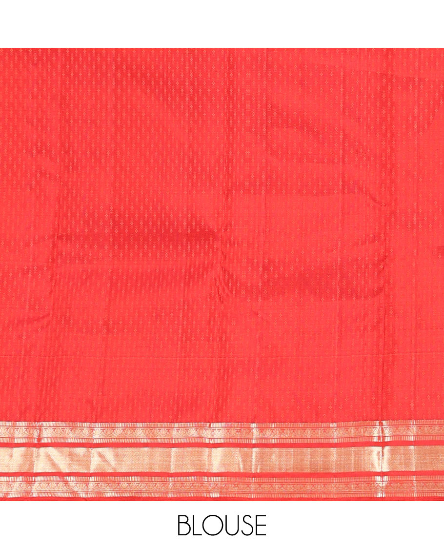 Red Kanchipuram Wedding Silk Saree, Gleamed Up with Zari and Chakram Designs on Its Body, Highlighted by a Zari Border of Muthu, Kamalam, and Vanki Designs, Intricately Designed Pallu, and Paired with a Matching Blouse