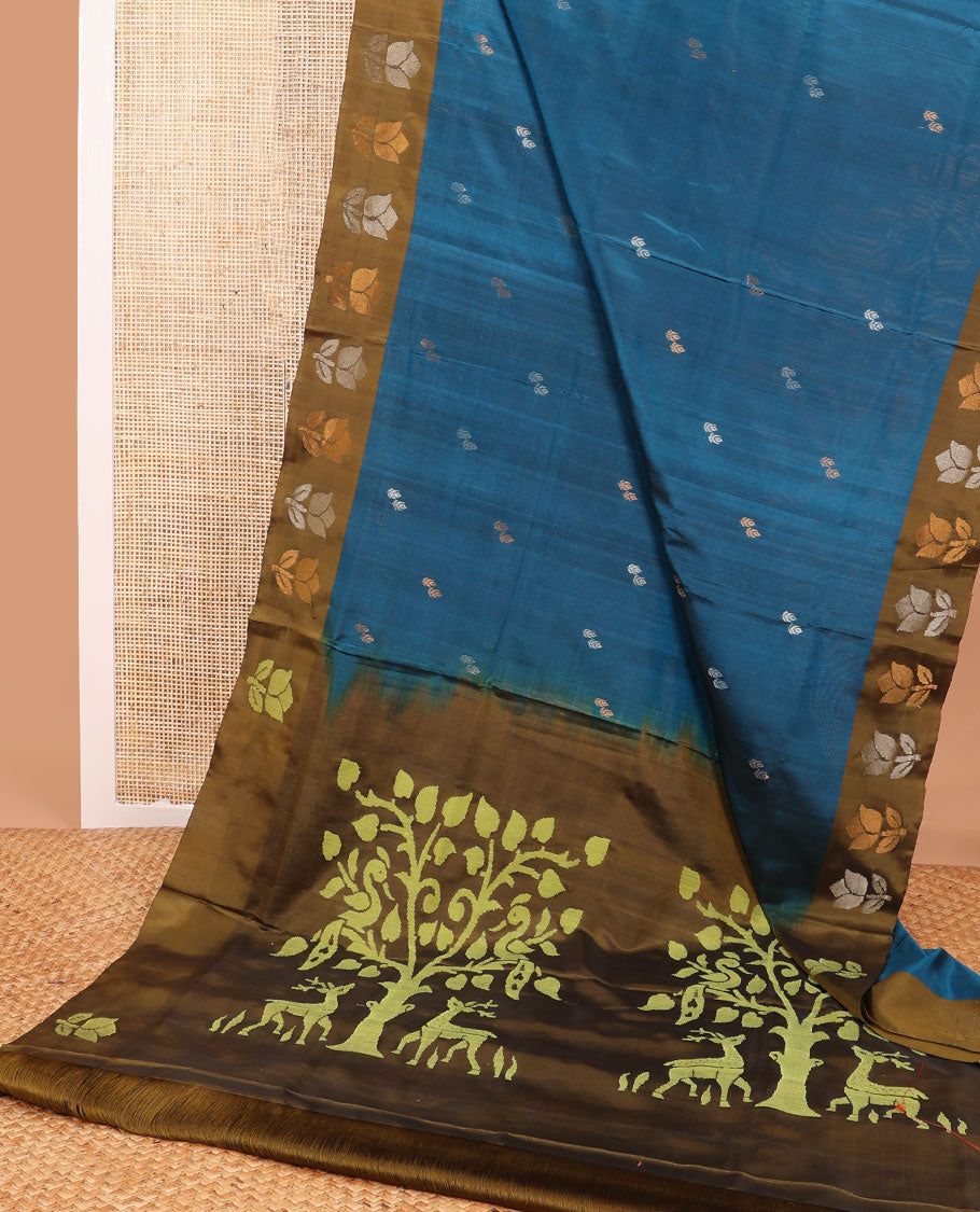 Dark blue floral design uppada saree with contrast flower design border & forest theme design pallu
