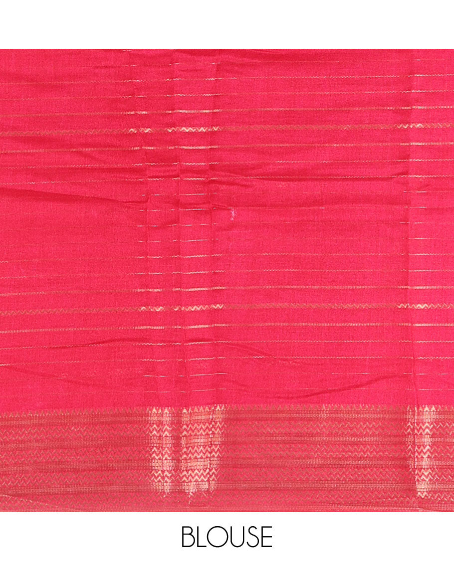 Gold horizontal zari striped moss chiffon saree, contrast traditional zari border, striped pallu, and a contrast zari design blouse