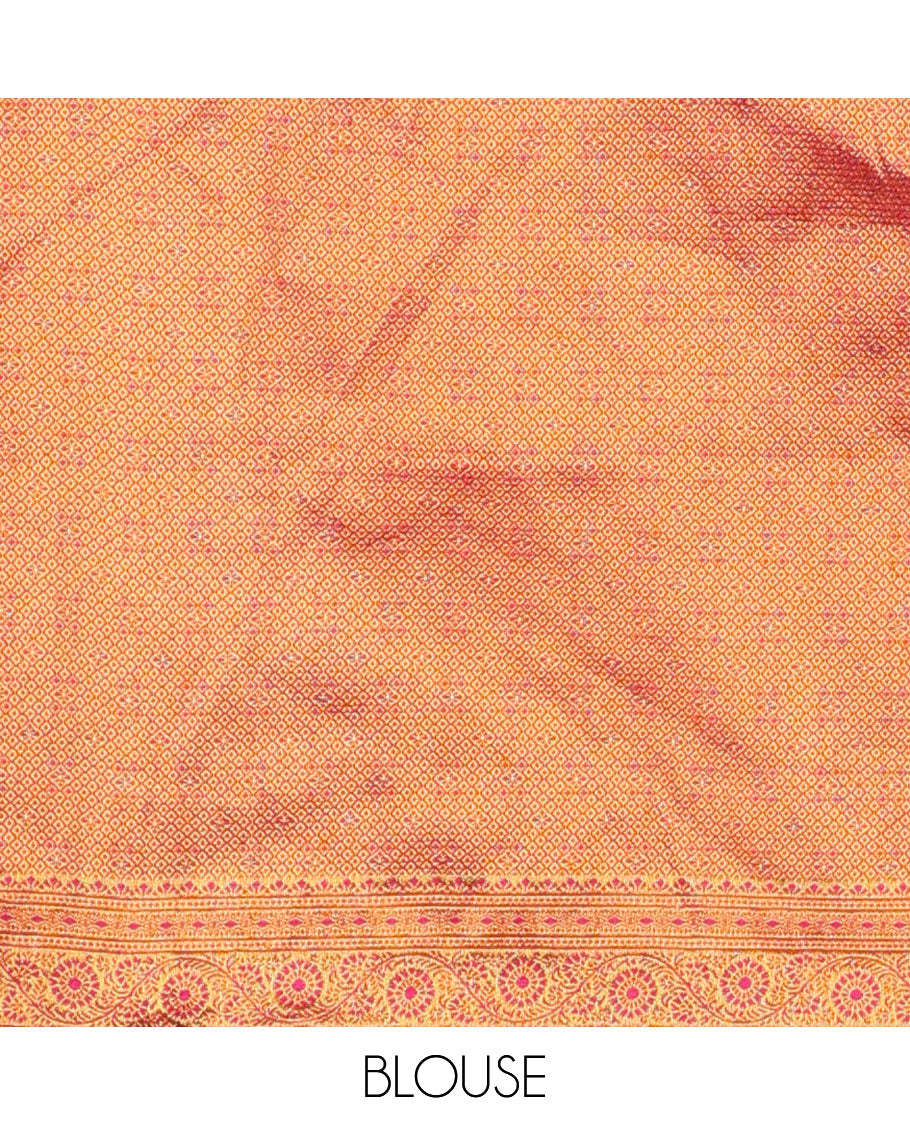 Cream floral buttas half saree with contrast zari border, zari design blouse & pink floral zari design dhavani