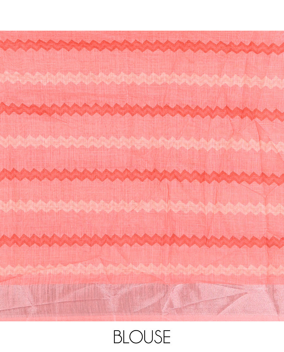 Black 2D style dyed and elephant-floral theme printed linen cotton saree, contrast zari bavanji border, intricately printed pallu, and contrast printed blouse