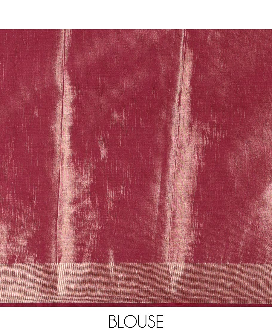 Wine scallop design tissue saree, zari striped border, striped pallu, and gleaming matching blouse