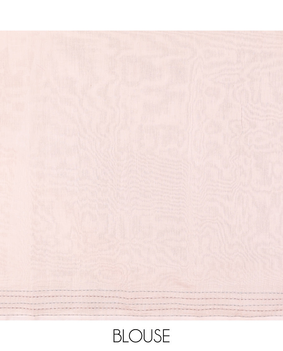 Light grey block print super net saree with kantha border & kantha work, block print pallu along with kantha work blouse